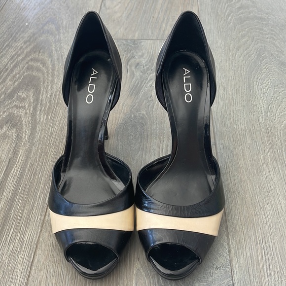 Aldo Black and Cream Stripe Peep Toe Stiletto-39(8.5) - Picture 6 of 12
